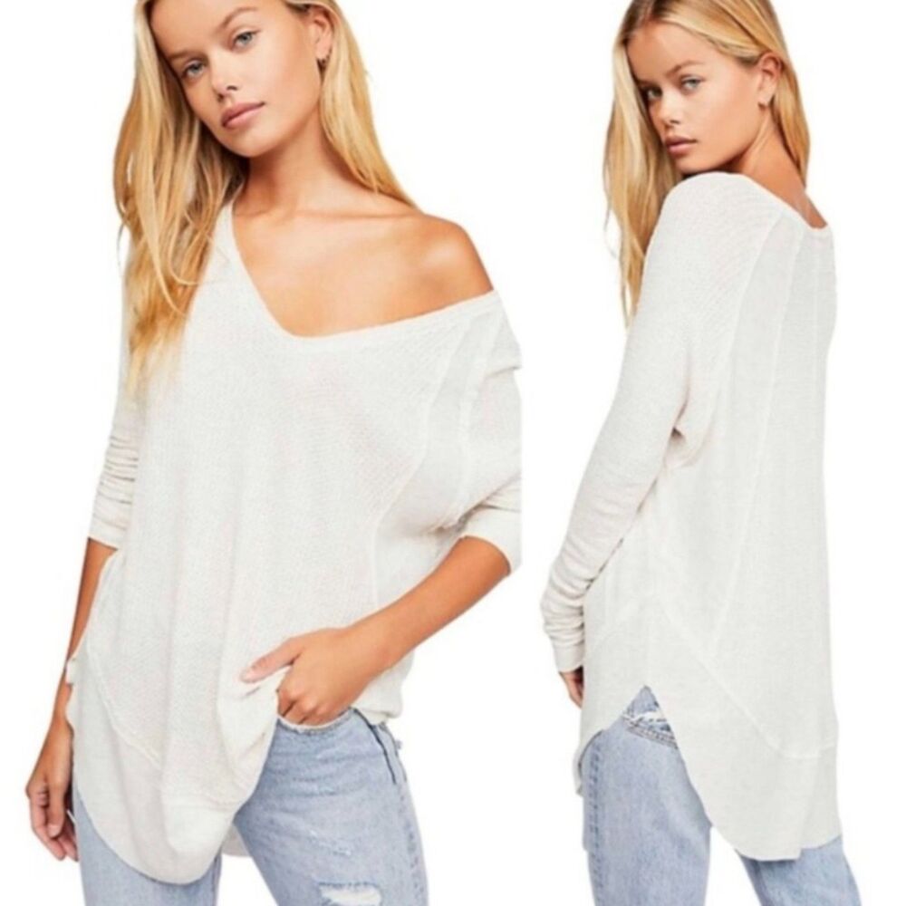 FREE PEOPLE We the Free Catalina V-Neck Thermal Waffle Knit L/S Tee, White, Sz S